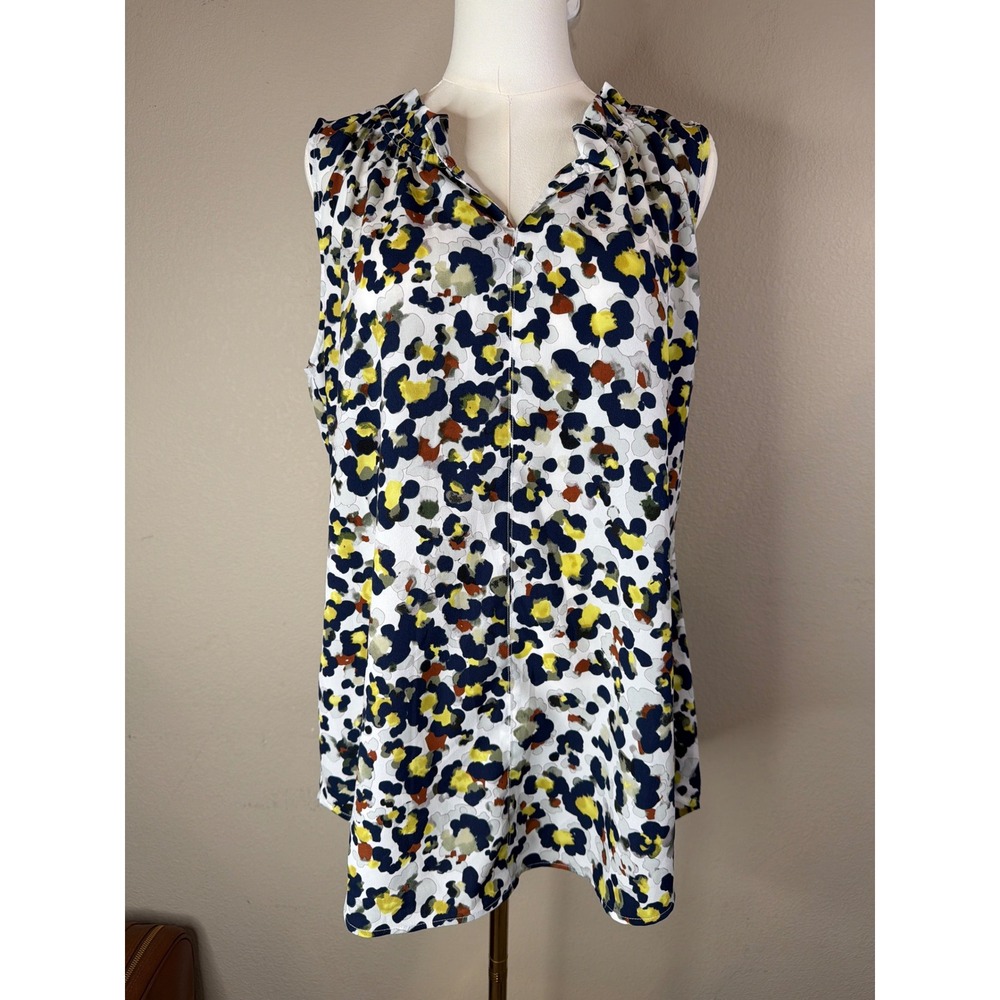 Cabi Sleeveless Ruffle V-Neck Abstract Print Blouse Navy Yellow White L